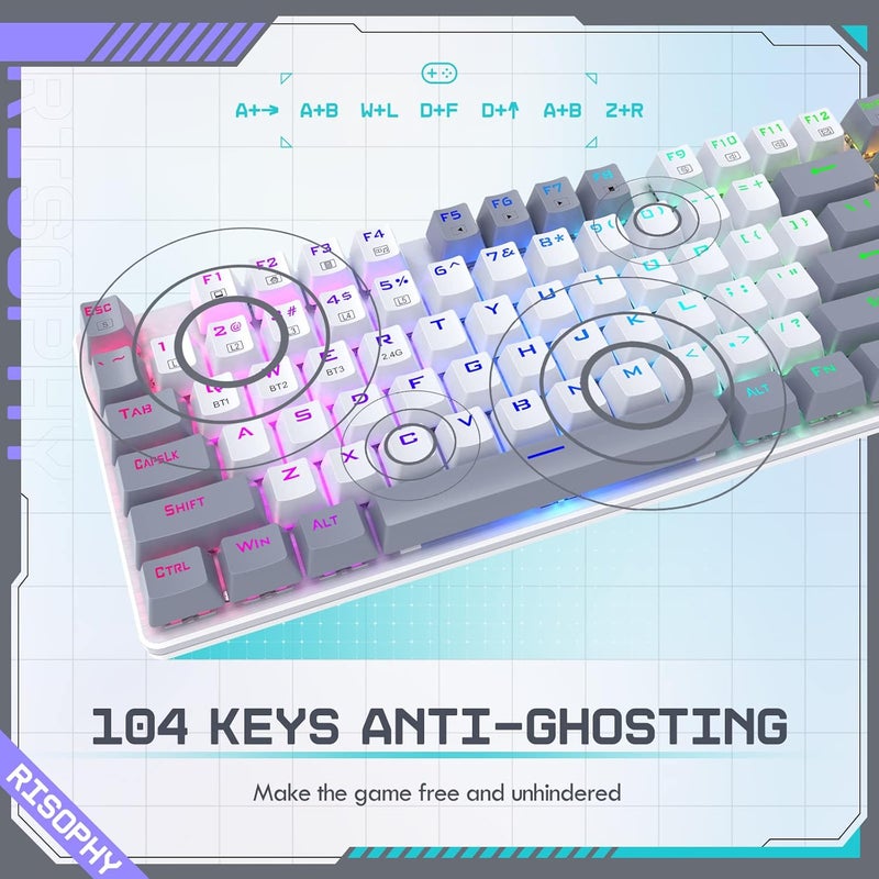 RisoPhy Wireless Mechanical Keyboard, Triple Mode 2.4G/USB-C/Bluetooth Gaming Keyboard, 104 Keys Programmable, Customize RGB Backlit, Red Switch, Bicolor PBT Keycaps, Rechargeable Wired Keyboard for Laptop PC - Image 3